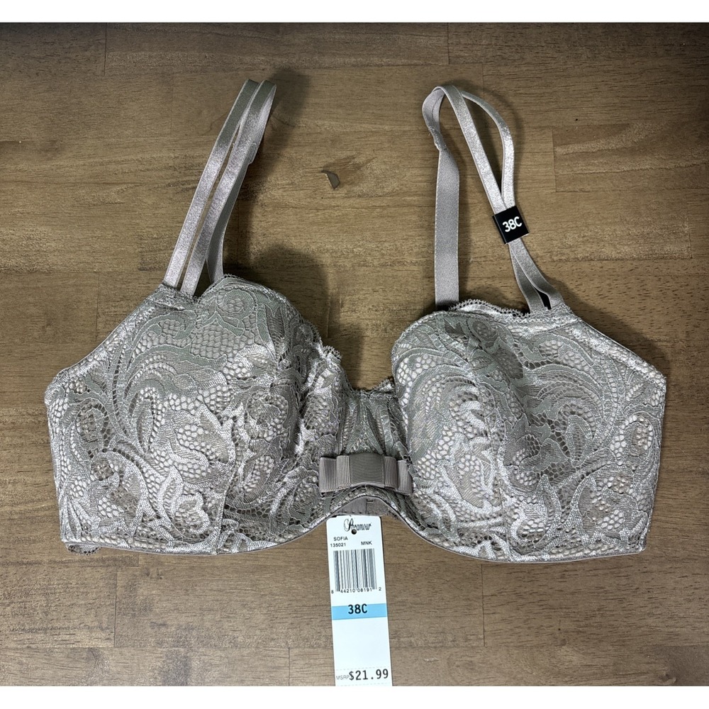 Paramour Sophia Balconette Bra 135021 38C Mink Floral Lace Overlay